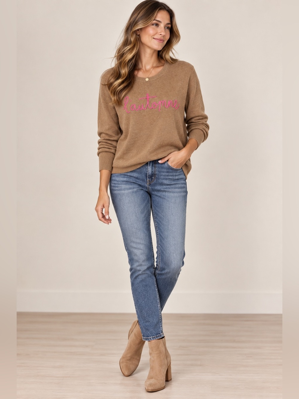 LOFT L’Automne Autumn Fall Sweater M Tan Pink Embroidered - Picture 9 of 9